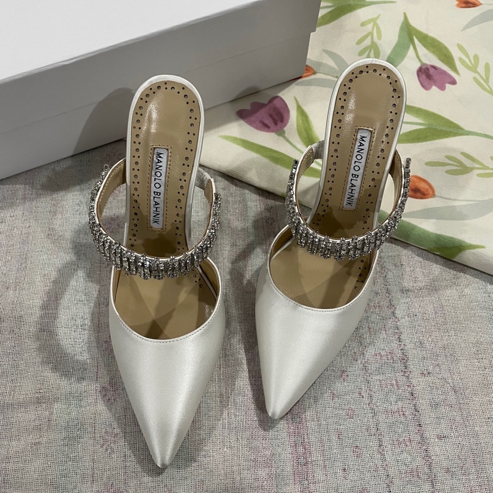 Manolo Blahnik White Satin Crystal-Embellished Pointed Toe Mules